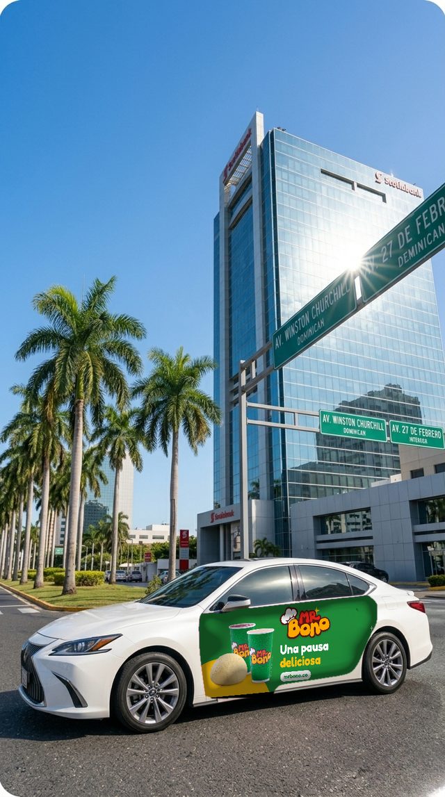 Vehículo rotulado con campaña de Mr Bono frente a torres de Santo Domingo